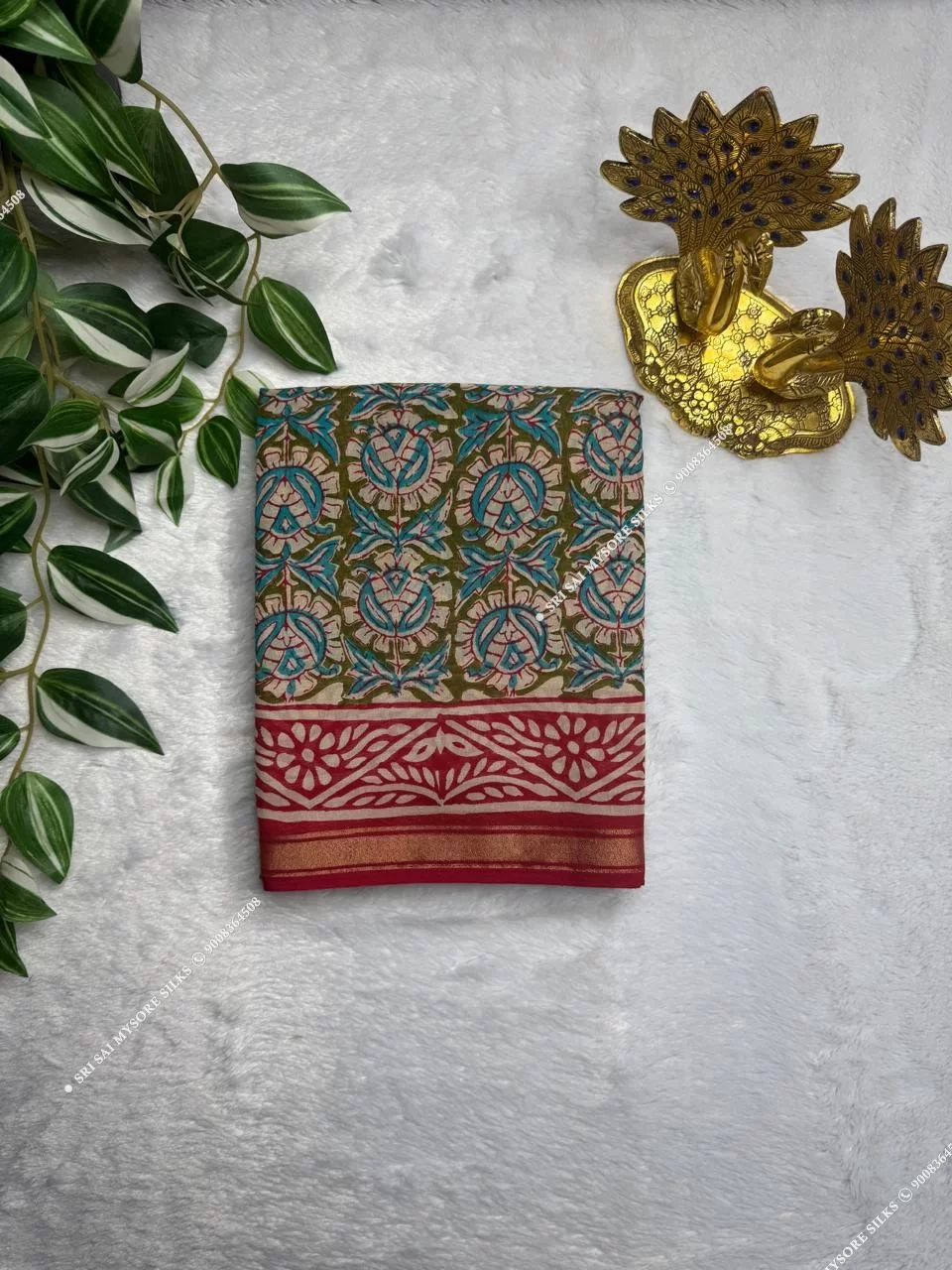 Olive Green Mul Chanderi Cotton Kalamkari Printed Saree