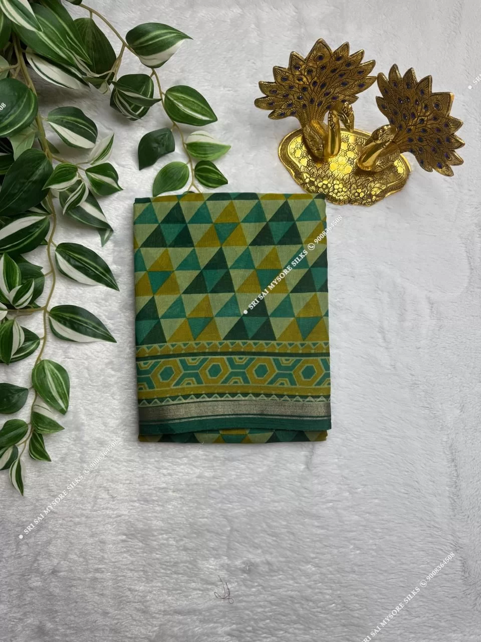 Green Mul Chanderi Cotton Geometric Print Saree