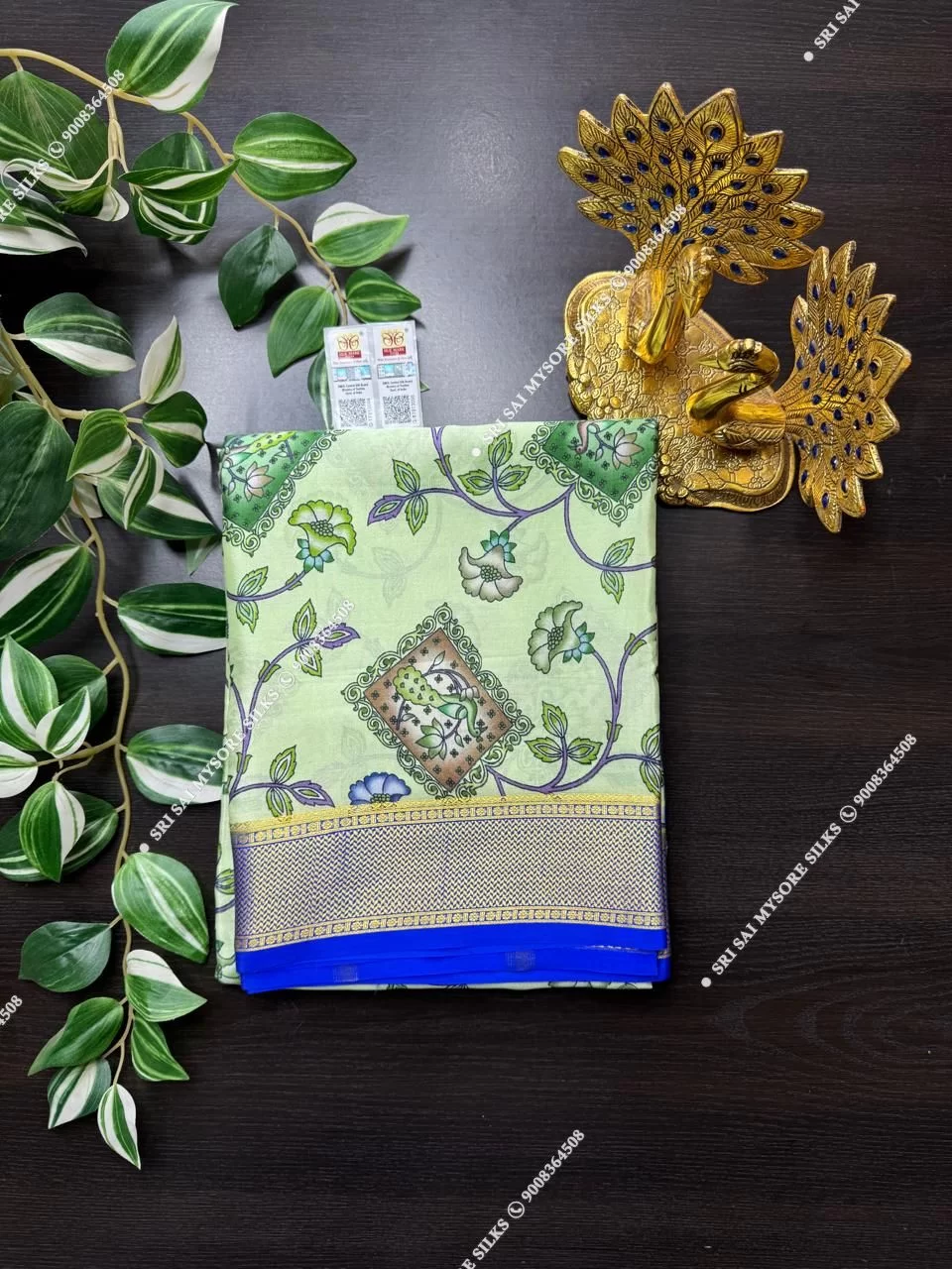 Pure Mysore Silk Digital Kalamkari Floral Light Green Saree