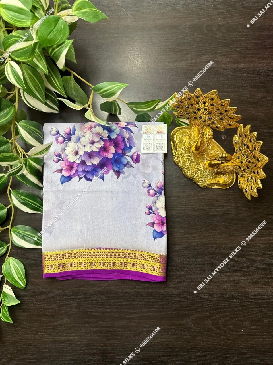 Pure Mysore Silk Digital Kalamkari Floral Silver Grey Saree