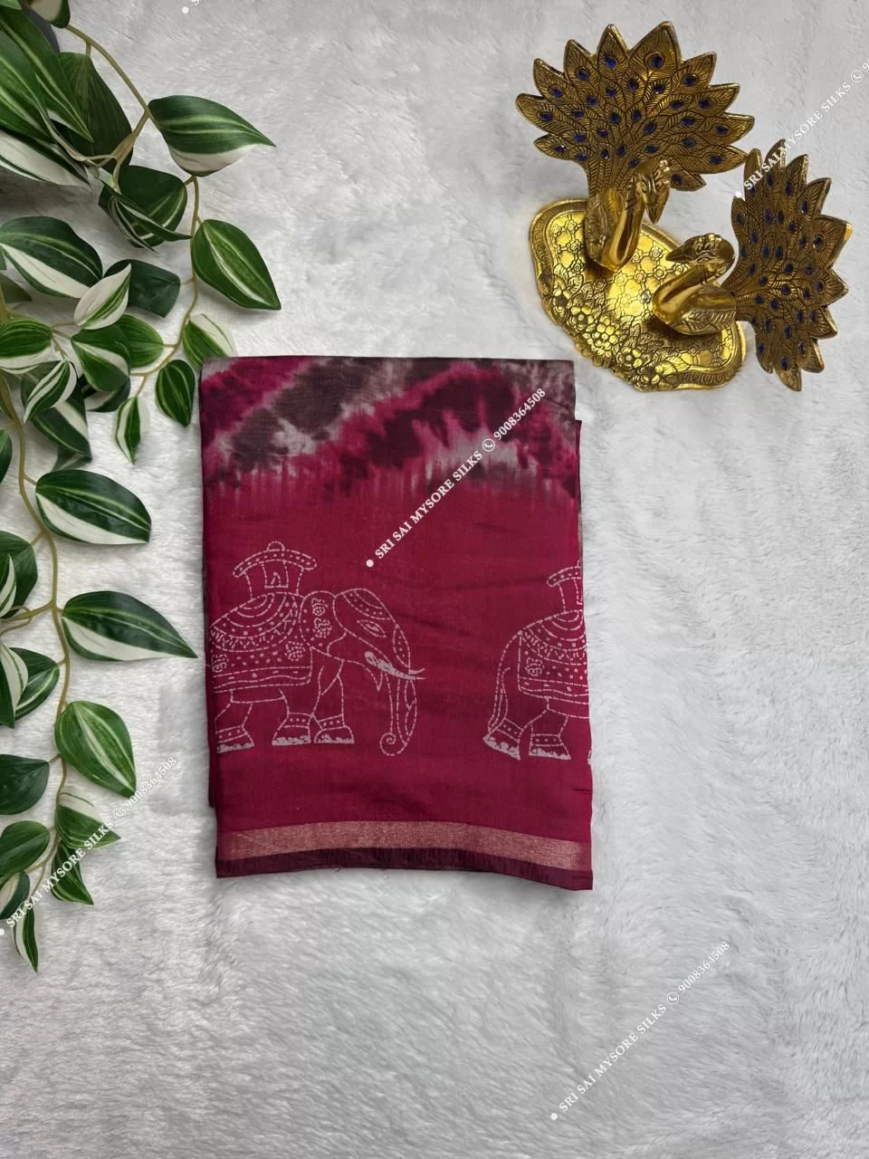 Burgundy Tie-Dye Elephant Print Mul Chanderi Cotton Saree