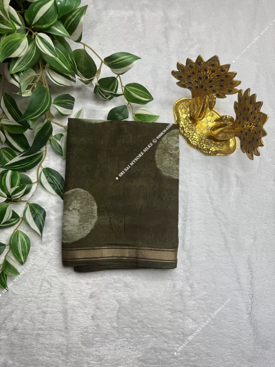 Olive Green Mul Chanderi Cotton Batik Print Saree