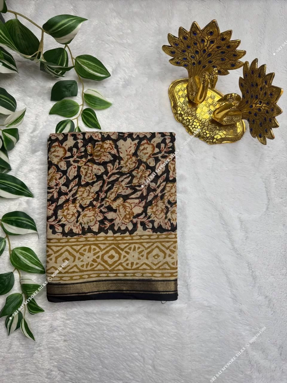 Black Floral Mul Chanderi Cotton Kalamkari Saree