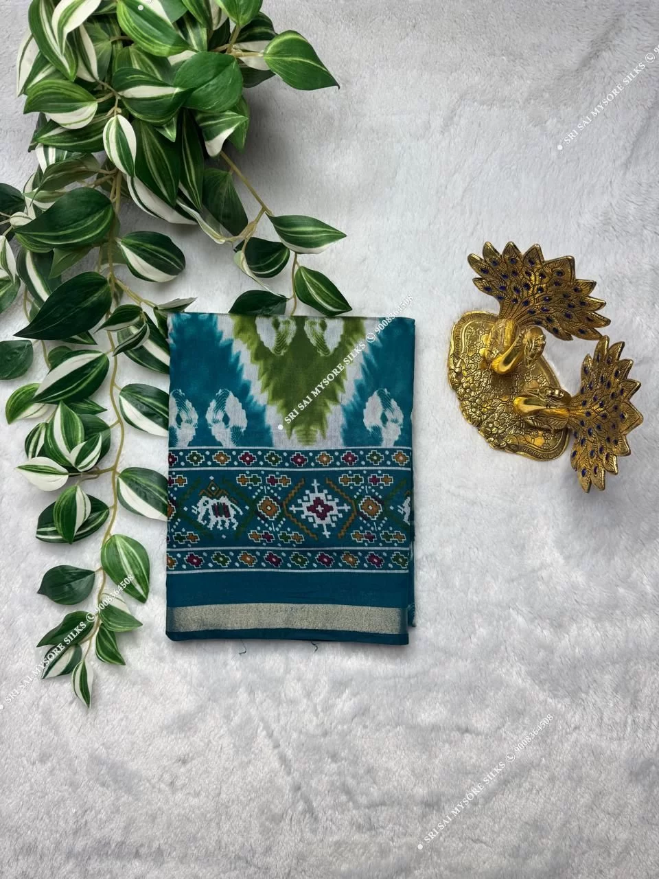 Teal Blue Mul Chanderi Cotton Kalamkari & Batik Print Saree