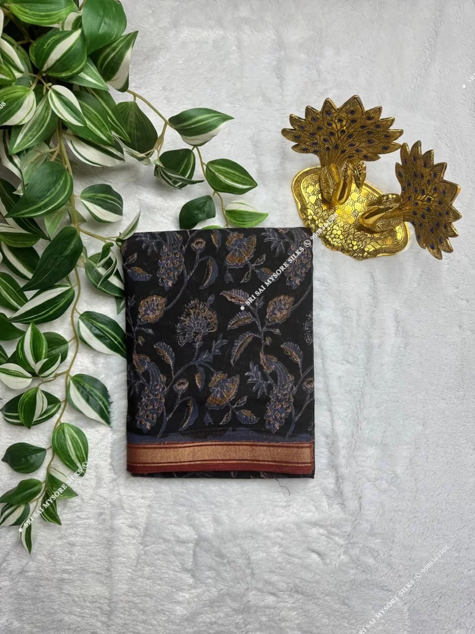 Black Mul Chanderi Cotton Floral Kalam Kari Print Saree