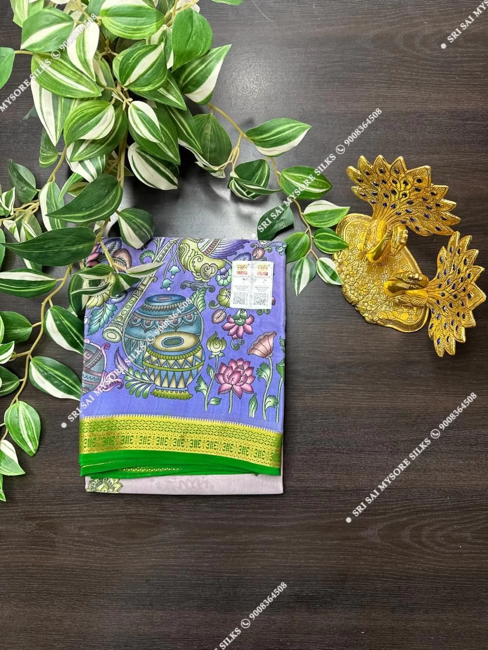 Pure Mysore Silk Digital Kalamkari Musical Instrument Lavender Saree