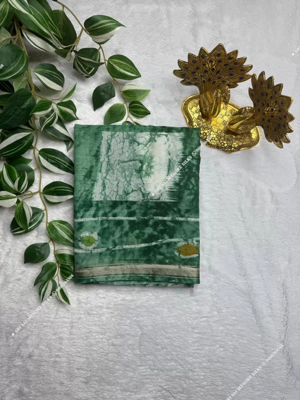 Emerald Green Abstract Print Mul Chanderi Cotton Saree
