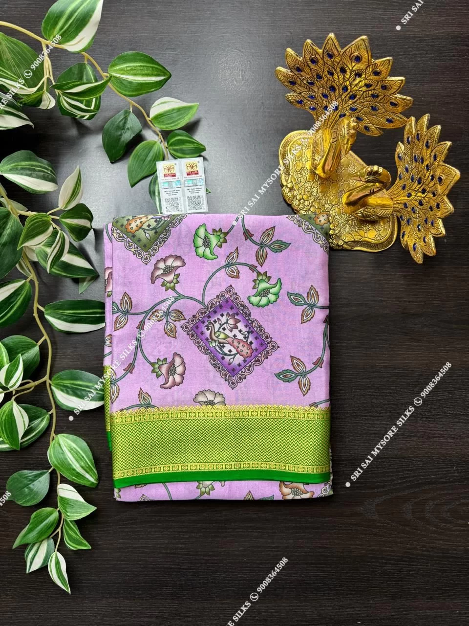 Pure Mysore Silk Digital Kalamkari Floral Purple Saree