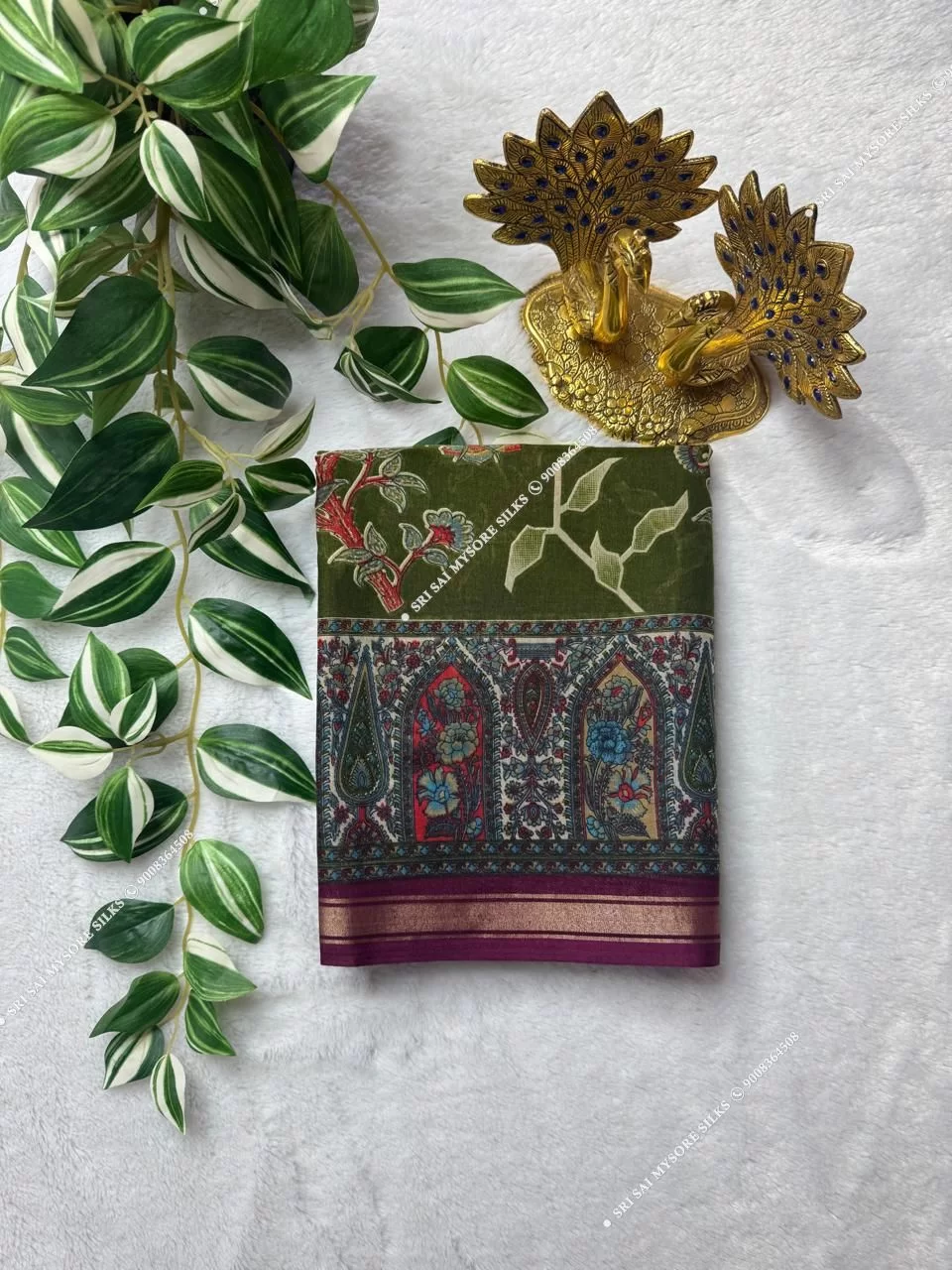 Olive Green Mul Chanderi Cotton Kalamkari & Batik Print Saree
