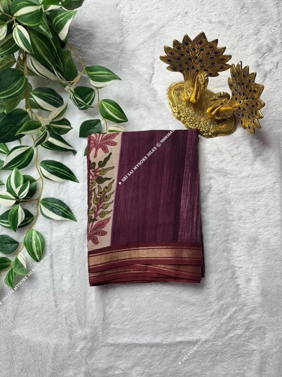 Wine Floral Border Mul Chanderi Cotton Saree