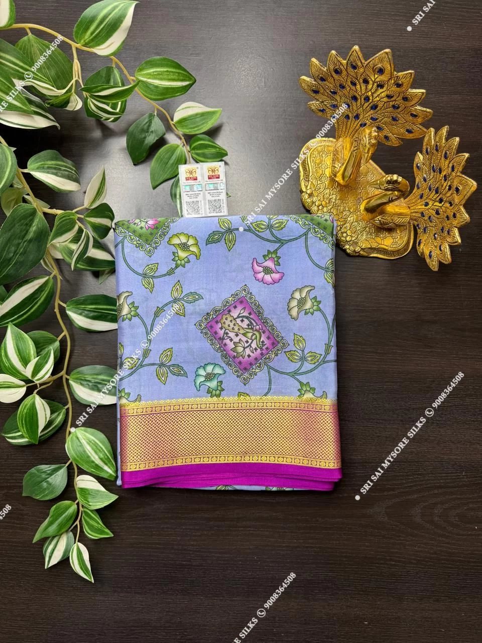 Pure Mysore Silk Digital Kalamkari Lavender Saree