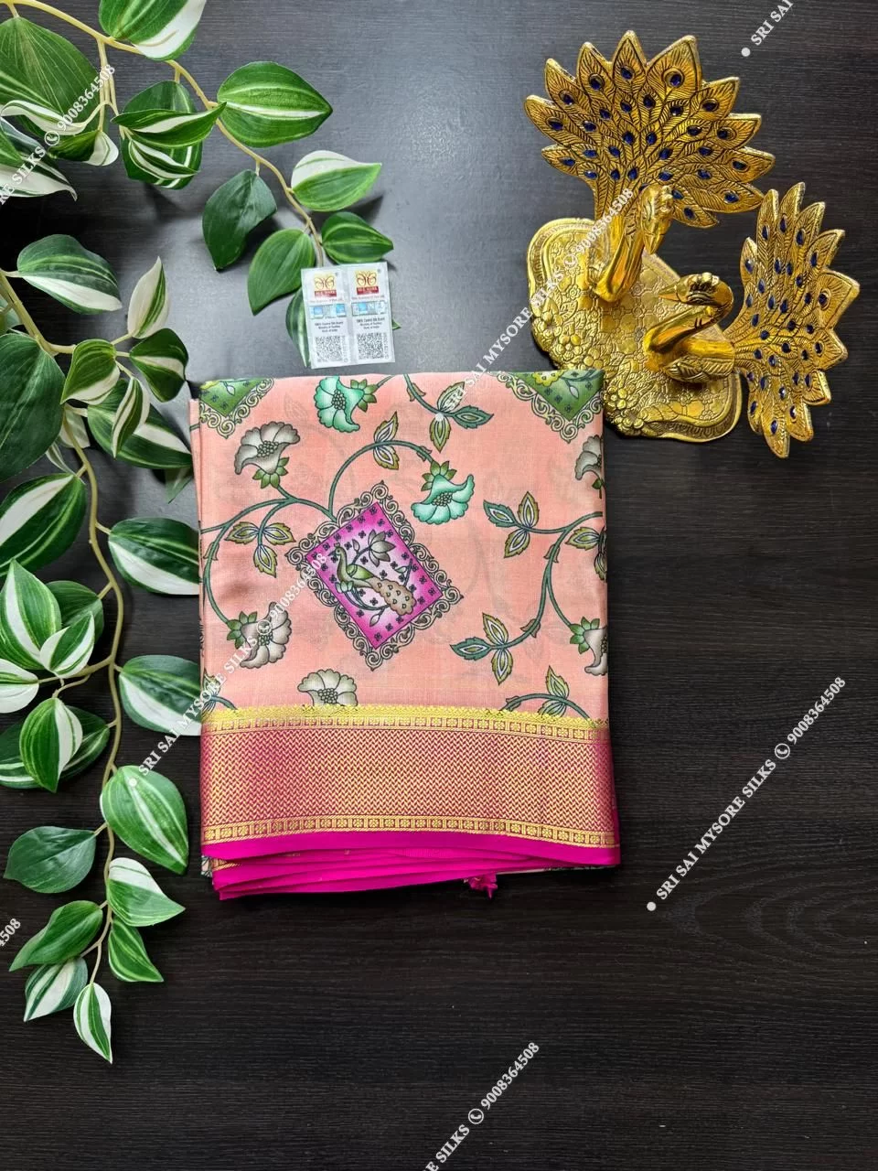 Pure Mysore Silk Digital Kalamkari Floral Peach Saree
