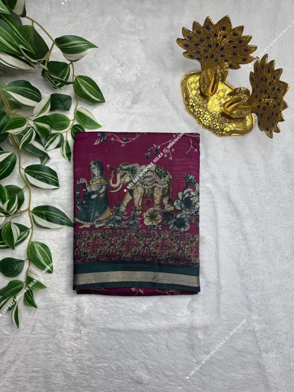 Wine Floral Elephant Print Mul Chanderi Cotton Saree